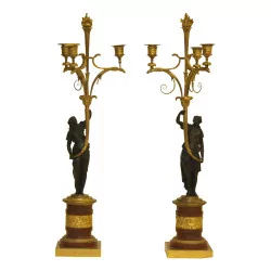 Pair of gilt and patinated bronze candelabra with marble. …