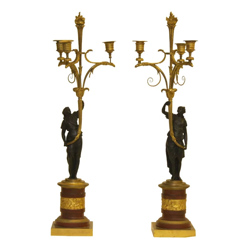 Pair of gilt and patinated bronze candelabra with marble. … - Moinat - Candleholders, Candlesticks