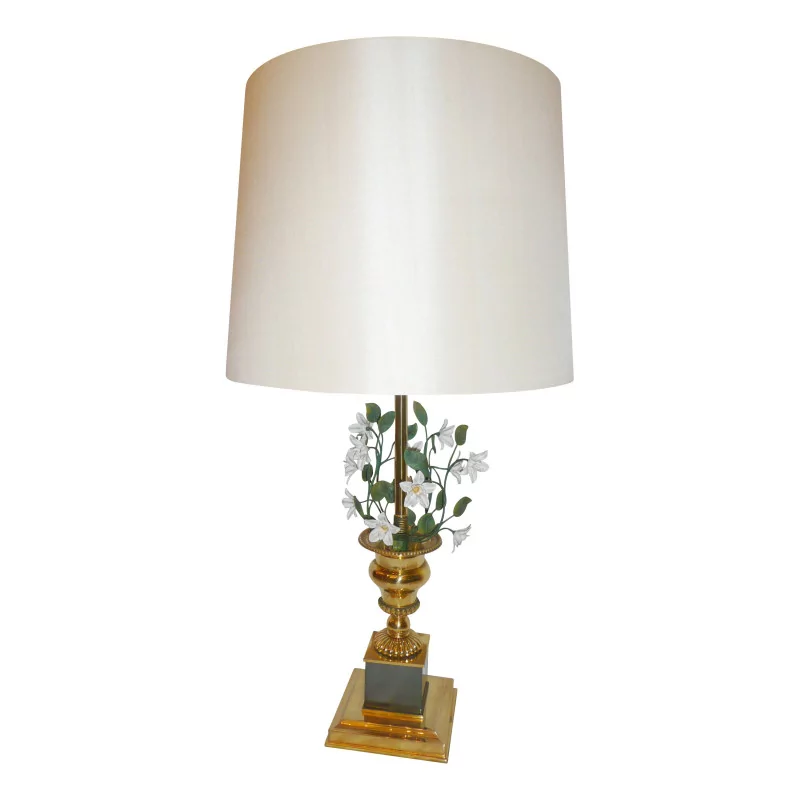 盏青铜色和白花彩绘金属板灯，带有 - Moinat - 台灯