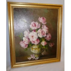 Tableau”Bouquet de roses dans un vase Charles X” signé …