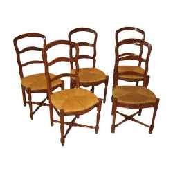 Series of 5 straw chairs in walnut. Period: 18th century.