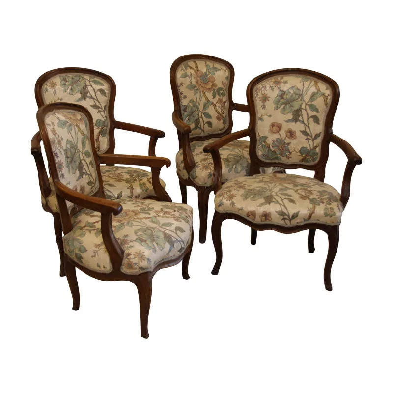 4 Louis XV cabriolets, covered with floral fabric - Moinat - Armchairs