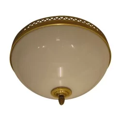 Ceiling lamp in gilded bronze, with frosted glass.