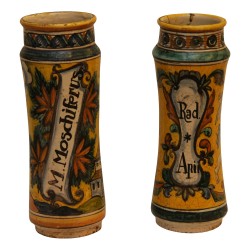 Pair of “Albarello” pharmacy jars painted yellow background …