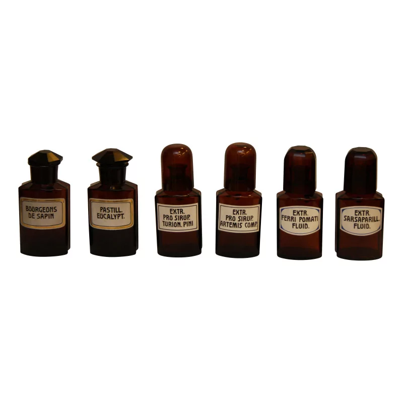 Série de 6 flacons de pharmacie en verre bruni avec leur - Moinat - Carafes