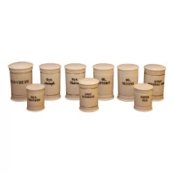 Series of 9 earthenware pharmacy pots with lids. END …