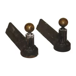 Pair of cast iron andirons and brass ball. Period: 19th …