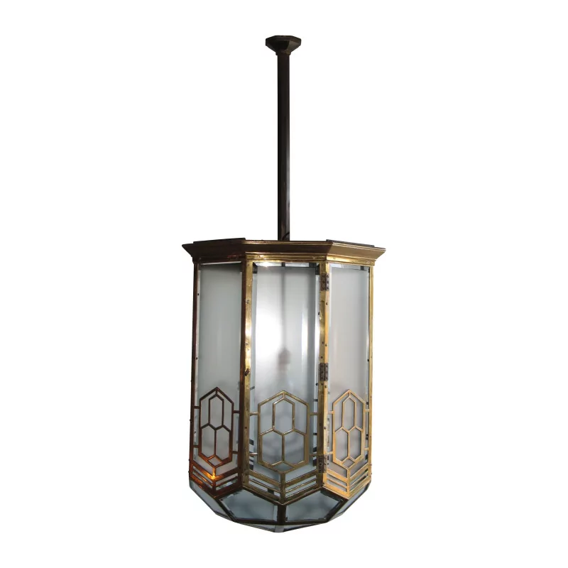 个带斜面玻璃的装饰艺术风格黄铜灯笼。日内瓦 - … - Moinat - 吊灯, 吸顶灯