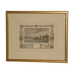 Engraving of Lake Geneva on the France side, in color under glass with …