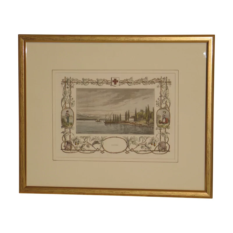 Engraving of Lake Geneva on the France side, in color under glass with … - Moinat - VE2022/1