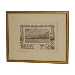 old colored engraving, Le Bouveret, under glass with frame …