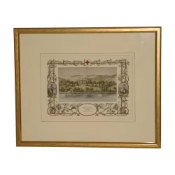 Gravure ancienne colorée du Lac Léman “Château de Prégny”, …