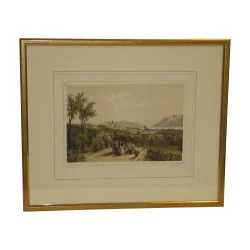 old engraving under glass “Lausanne”, with wooden frame …