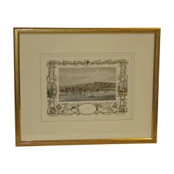 Old colored engraving of Lake Geneva “Nyon”, under glass with …