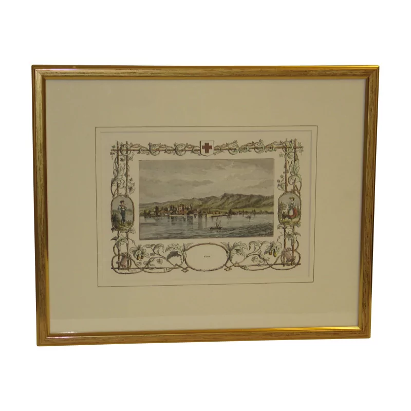 Old colored engraving of Lake Geneva “Nyon”, under glass with … - Moinat - VE2022/1