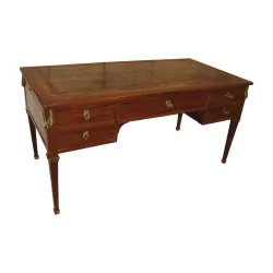 张路易十六古巴桃花心木平板办公桌，配有皮革桌面