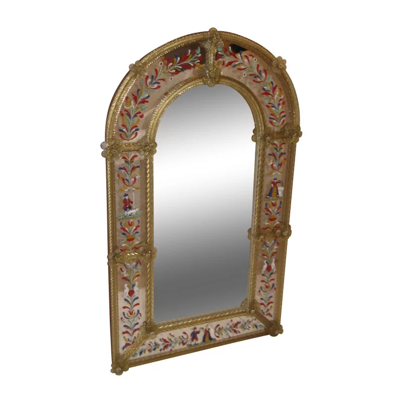 Miroir vénitien arrondi avec décor peint et décor en verre de … - Moinat - Glaces, Miroirs
