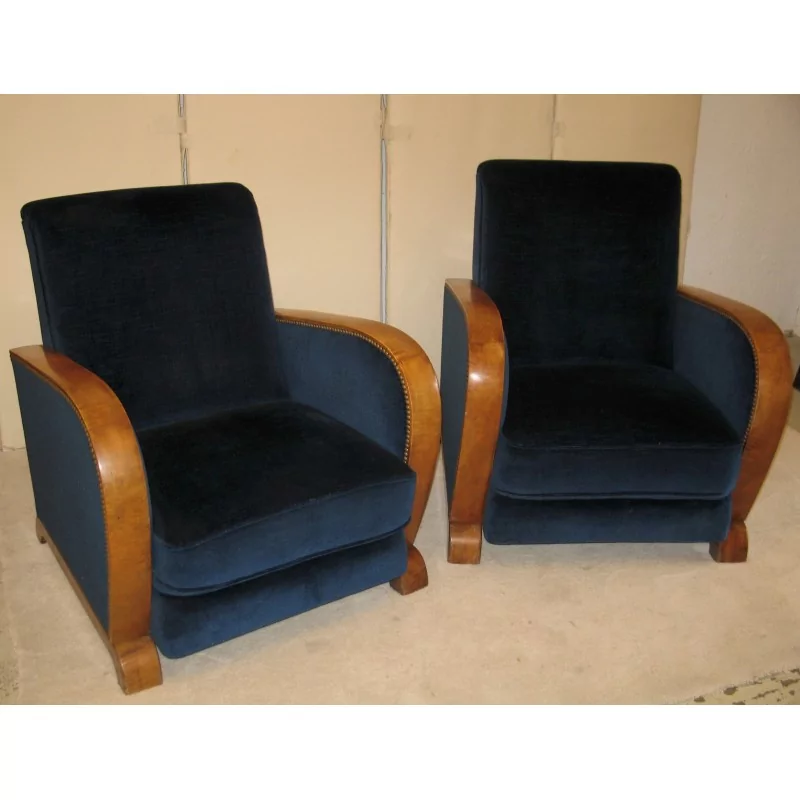 Paire de fauteuils Art-Déco recouvert de tissu bleu. Epoque : … - Moinat - Fauteuils Paire de fauteuils Art-Déco recouvert de tissu bleu. Epoque : … - Moinat - Fauteuils