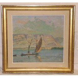 Tableau, aquarelle de Louis Amédée Baudit “Bâteau sur le lac …