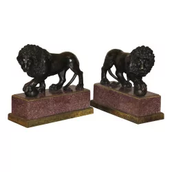 Pair of bronze lions with porphyry base, rock …