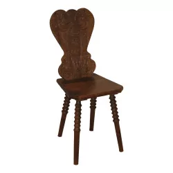 Scabelle-Stuhl mit gedrechselten Beinen, ganz aus Walnussholz, Rückenlehne
