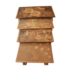 Set of 4 nesting tables, copy of Gallé in raw walnut …