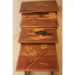 Set of 4 nesting tables, copy of Gallé in raw walnut …