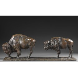 Sculpture en bronze à patine brune “DEUX BISONS d'AMERIQUE”, …