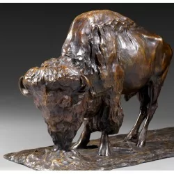 棕色铜绿铜雕“两只美洲野牛”，……