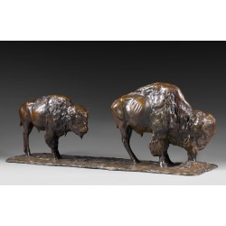 Sculpture en bronze à patine brune “DEUX BISONS d'AMERIQUE”, …