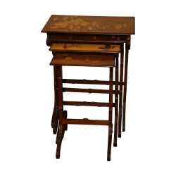 Set of “Flowers” nesting table, copy of Gallé in walnut …