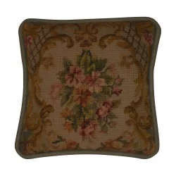 Coussin avec face en tapisserie Bouquet de fleurs, fond bleu