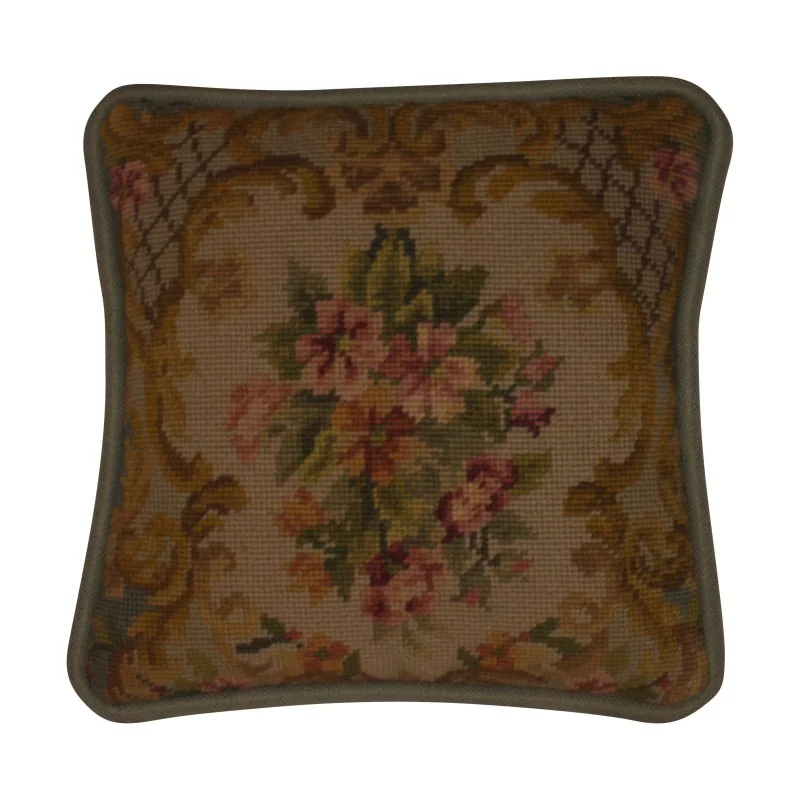 Coussin avec face en tapisserie Bouquet de fleurs, fond bleu - Moinat - Coussins