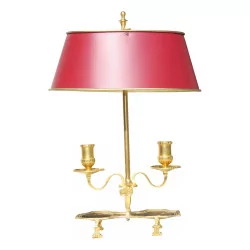 Lampe bouillotte en bronze doré avec abat-jour rouge bordeaux