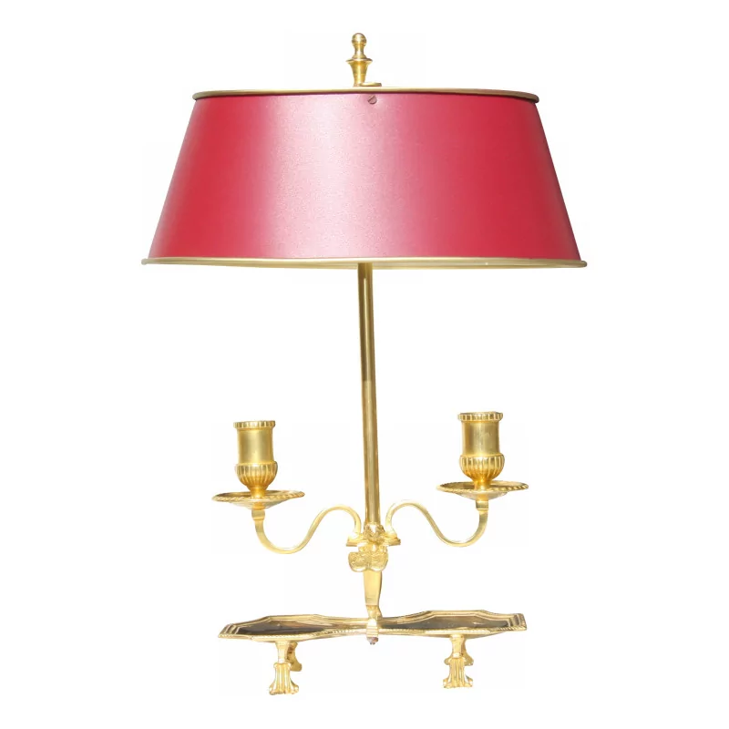Lampe bouillotte en bronze doré avec abat-jour rouge bordeaux - Moinat - Lampes de table