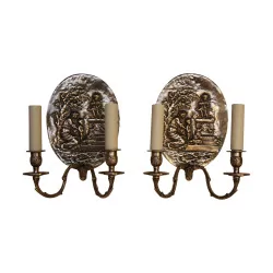 Pair of “Medallion” sconces in old silver bronze, with 2 …