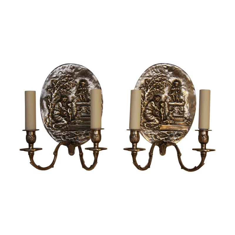 Pair of “Medallion” sconces in old silver bronze, with 2 … - Moinat - Wall lights, Sconces