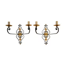 Pair of gilt and black bronze sconces with 2 lights.