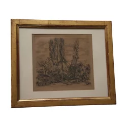 “Farm and poplars” engraving engraved by Pizzotti under glass …