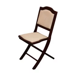 Mahogany tinted folding chair covered with beige fabric …