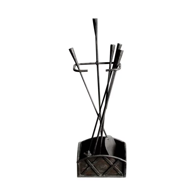 Satz Schornsteinbesteck aus schwarzem Metall. - Moinat - Kaminzubehör