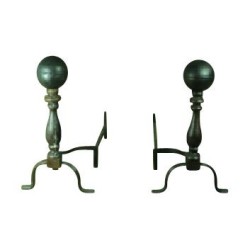 Pair of “Boule” metal andirons with rust patina finish.