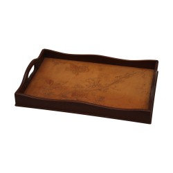 Holztablett mit geprägtem Havanna-Lederbezug. Anfang des 20. Jahrhunderts