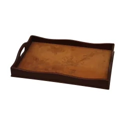 Wooden tray with embossed tan leather voucher. Early 20th...
