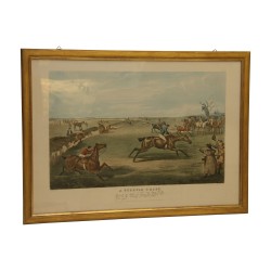 Gravure “A steeple chase” représentant une course de chevaux, …