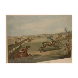 Gravure “A steeple chase” représentant une course de chevaux, …