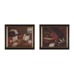 Gemäldepaar „Bücher und Instrumente“, Öl auf Leinwand …