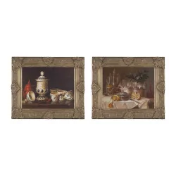 Paar „Porzellan“-Gemälde, handgemaltes Öl auf Leinwand …