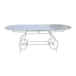 Table ovale modèle Prangins en fer forgé avec plateau en tôle
