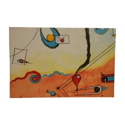 Decoration painting in the spirit of Miro, painted on leather, …